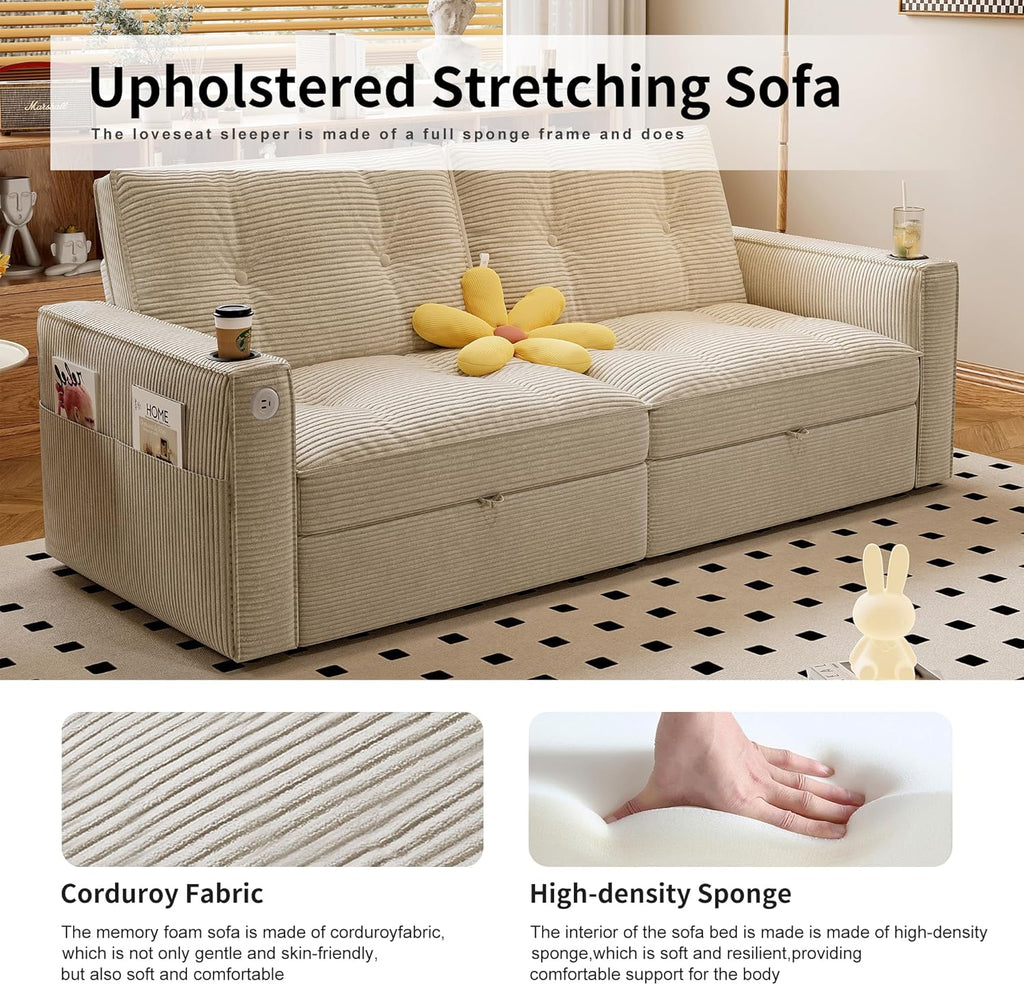 73.2'' Sleeper Sofa Full Size, Pre-Assembled Corduroy Futon, Beige | Convertible Pull Out Couch with Adjustable