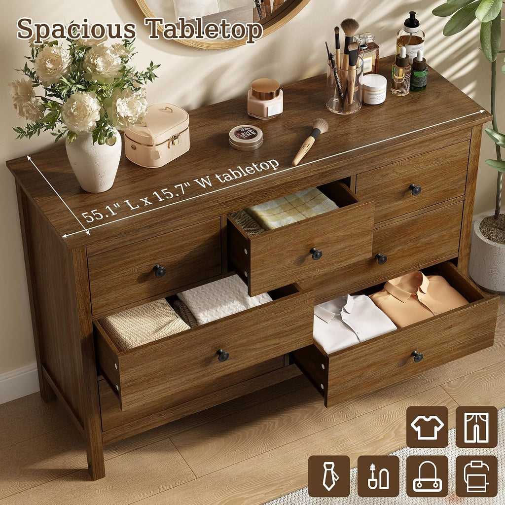 47" Walnut Dresser with 7 Drawer & Metal Handles | Wood Dressers & Chests of Drawers with Wide Drawers for Hallyway