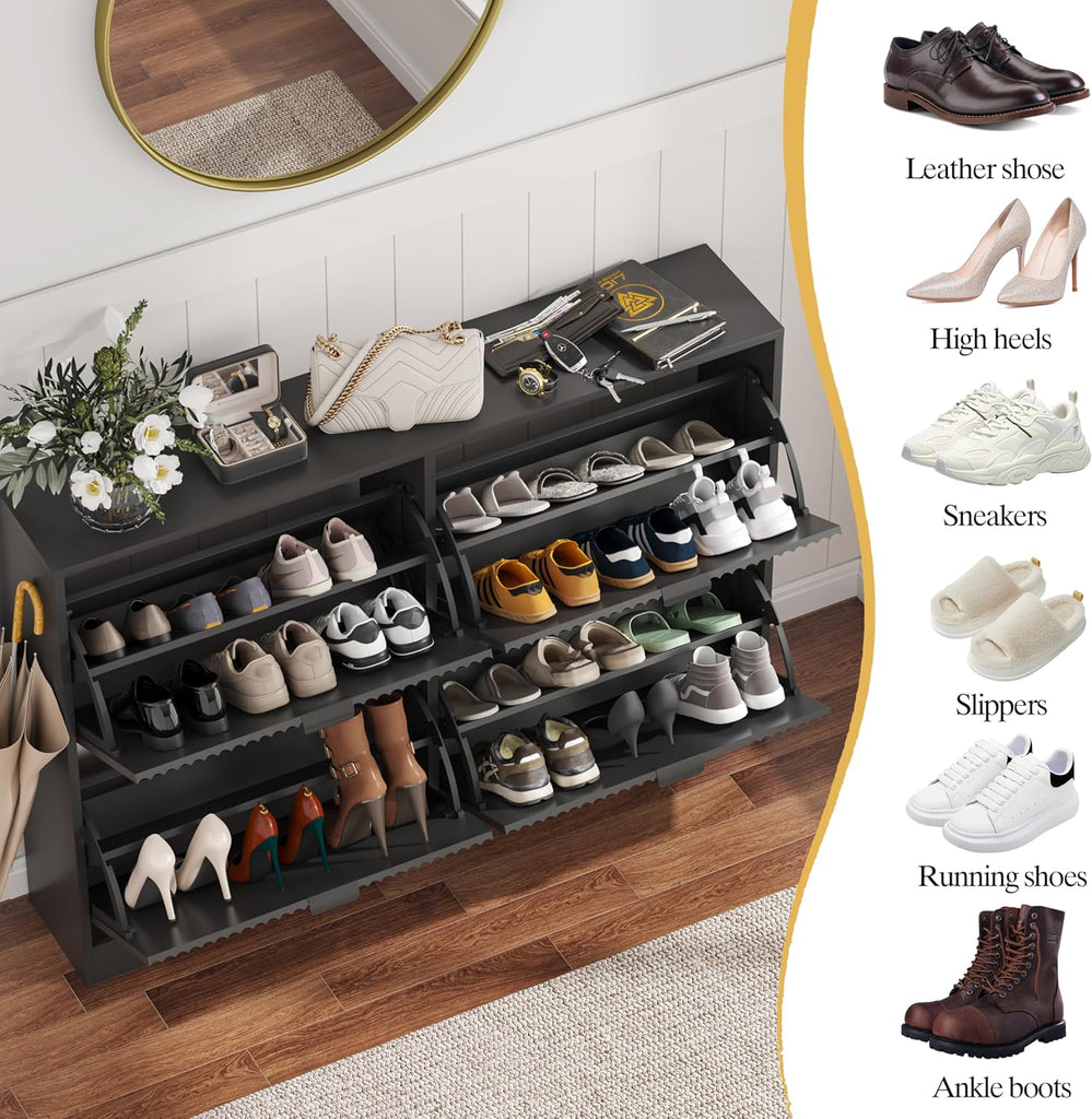 Shoe Cabinet Storage with 4 Flip Drawers, Black Fluted Shoe Cabinet with Adjustable Shelves, Wooden Hidden Shoe Rack