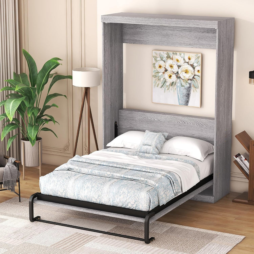 Full Murphy Bed, Farmhosue Wall Bed Frame, Solid Wood Cabinet Bed Frame for Home Office, Guest Room, Apartment, Grey
