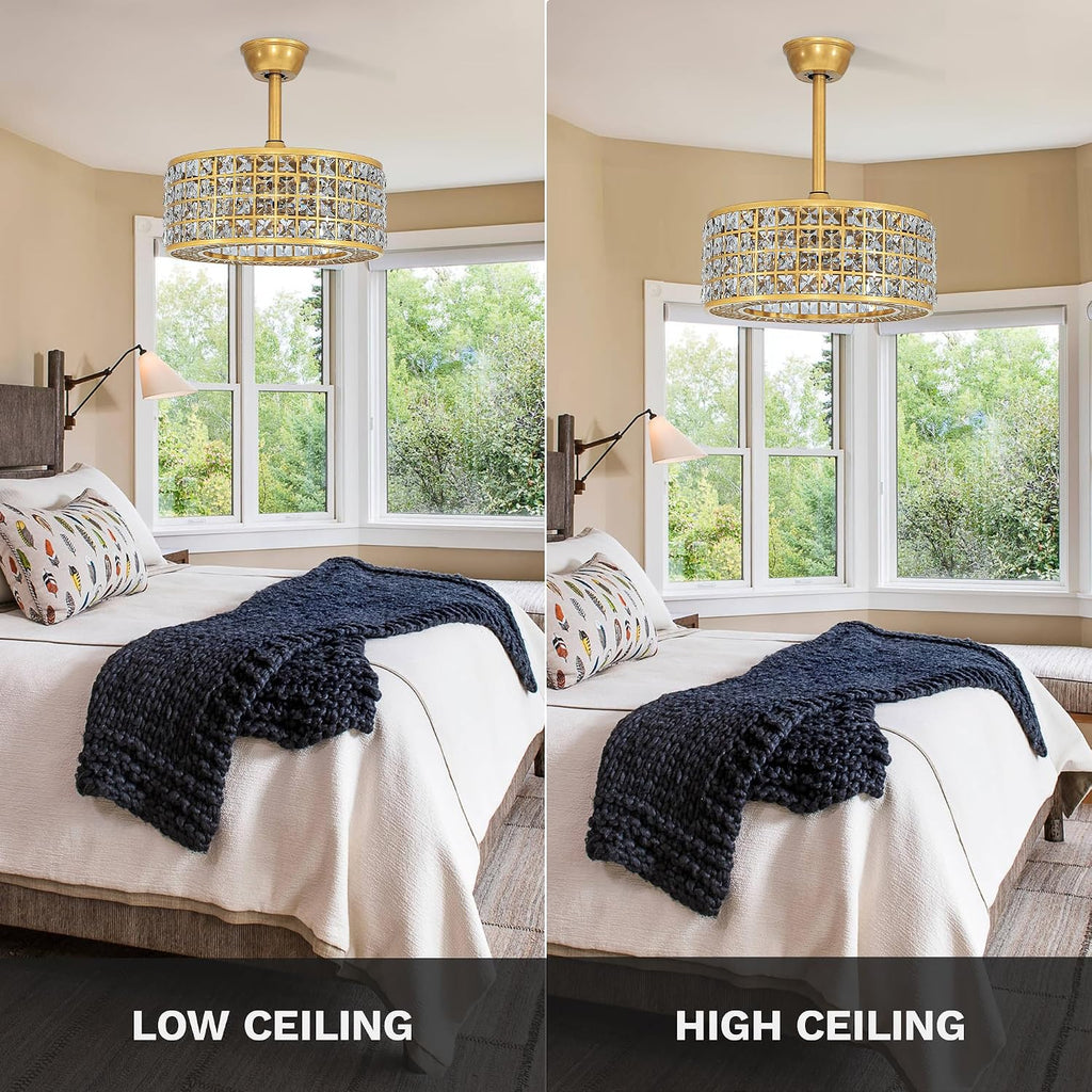 18" Crystal Caged Ceiling Fan with Light, Modern Industrial Chandelier with Remote, 3 Speed & 3 Color Temperatures