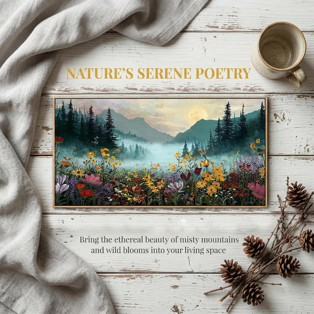 Framed Canvas Wall Art - Mountain Landscape with Wildflowers Wall Decor Moon Over Misty Forest Nature Painting Print