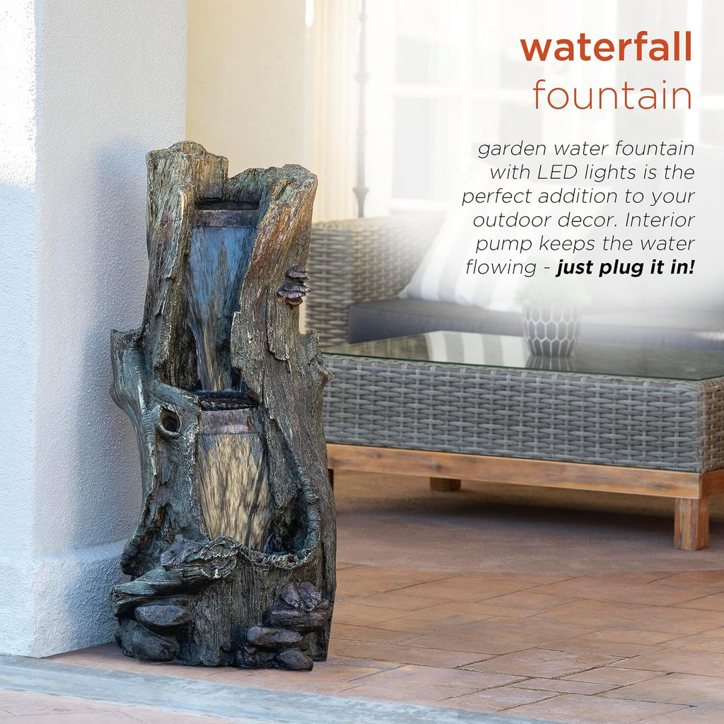 Outdoor Rainforest Waterfall Tree Trunk Floor Fountain with LED Lights, Tiered Garden Decor, 41" H, Brown