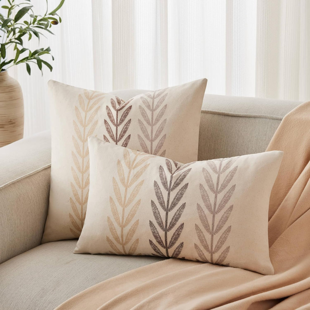 100% Cotton Farmhouse Leaves Throw Pillow Covers Set of 2, 18x18 Inch Mixed Beige Pastoral Decorative Print Cushion