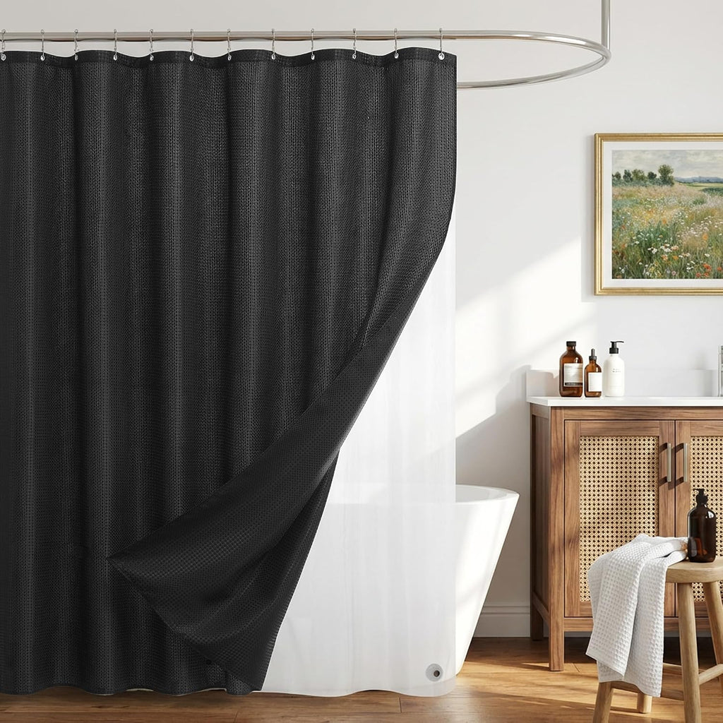 Shower Curtain and Liner Set, Waffle Shower Curtain Set with 12 Stainless Steel Hooks, Waterproof Luxury Fabric