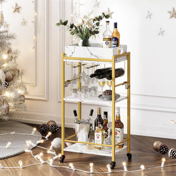 3-Tier Gold Bar Cart with Removable Tray, Small Bar Carts with Wheels, Rolling Beverage Cart, Drink Cart, Gold Wine