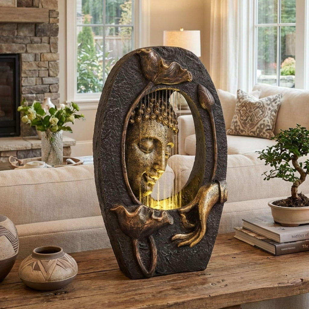 Water Fountain Indoor with LED Light and Pump Decor,Floor Buddha Statue Resin with Waterfalls,Tall Zen Garden Statues