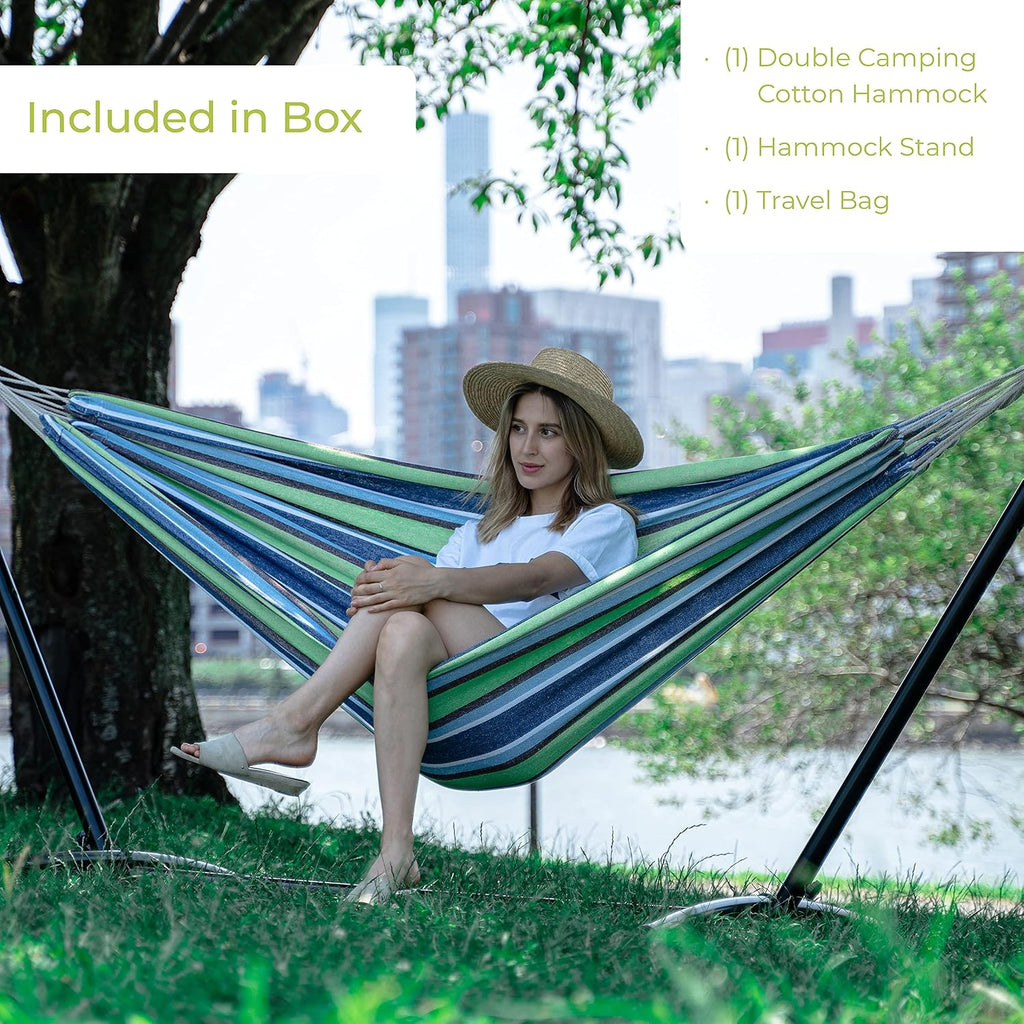 Expressions Double Camping Hammock with Steel Stand & Carrying Bag, Adjustable Height, Ultra Soft Cotton Blend, 550