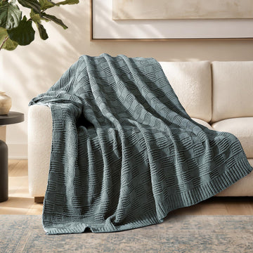 Modern Checkered Chenille Throw Blanket, 50x60, Stormy Blue