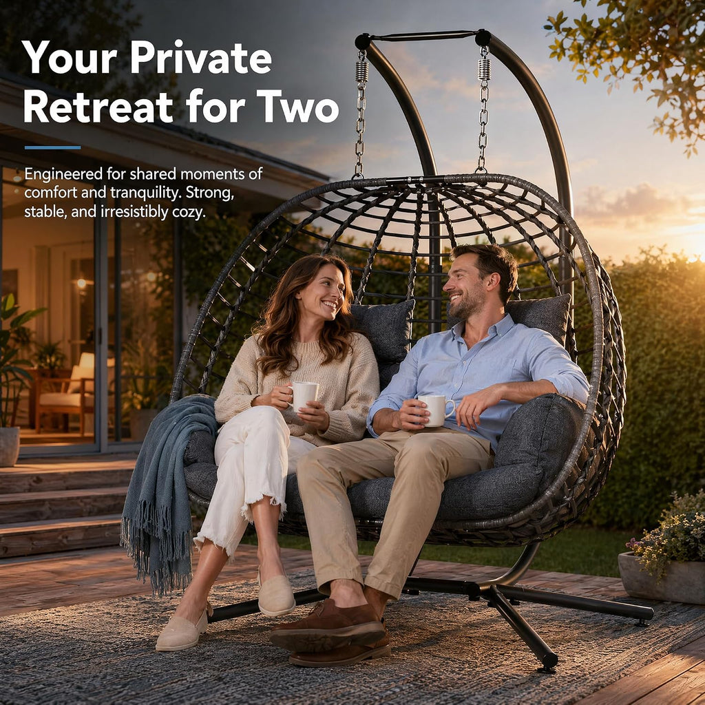 Double Egg Swing Chair 650lbs 2-Person w/Stand Dark Grey | 650lb cap, 52" cross base, shock-absorbing spring, 6