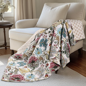 Angelica Off-White Quilted Throw (50x60in) - Reversible Floral Design - 100% Cotton Front and Back with Cotton-Rich