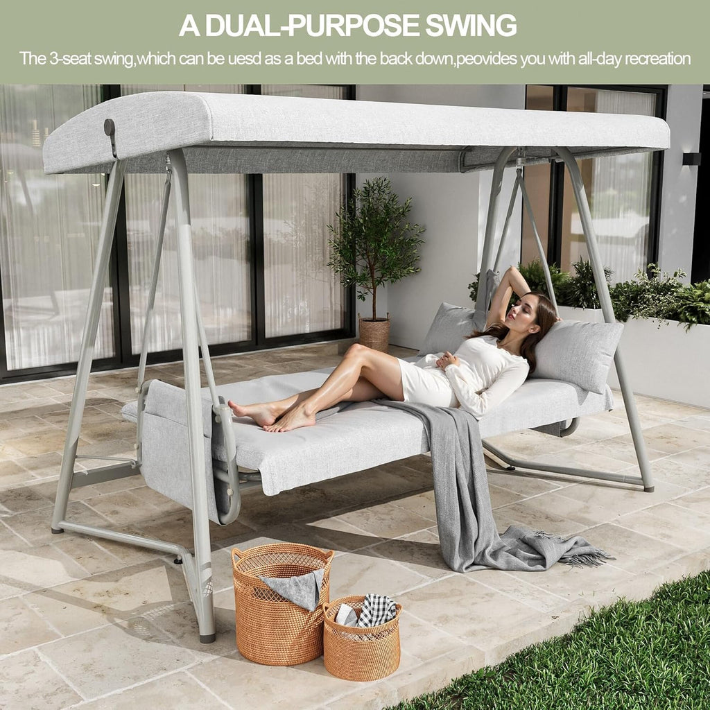 3-4 Person Oversized Outdoor Porch Swing with Adjustable Backrest Canopy,2-in-1 Swing Bed 800 lbs Capacity,Patio