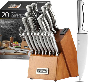 Knife Set Kitchen Steel Knife Block Set w Built-in Sharpener | German Forged Stainless Steel, 20 PC,Razor Sharp