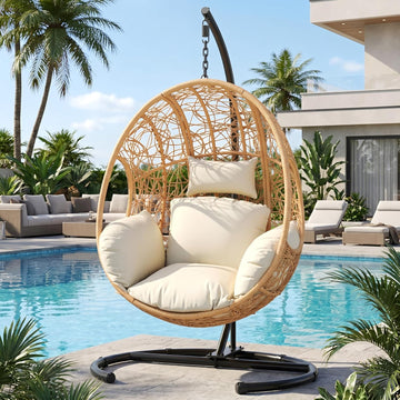 Oversized Hanging Egg Chair Outdoor Indoor, Wicker with Stand 400lbs Capacity , Garden and Balcony (Beige-nest