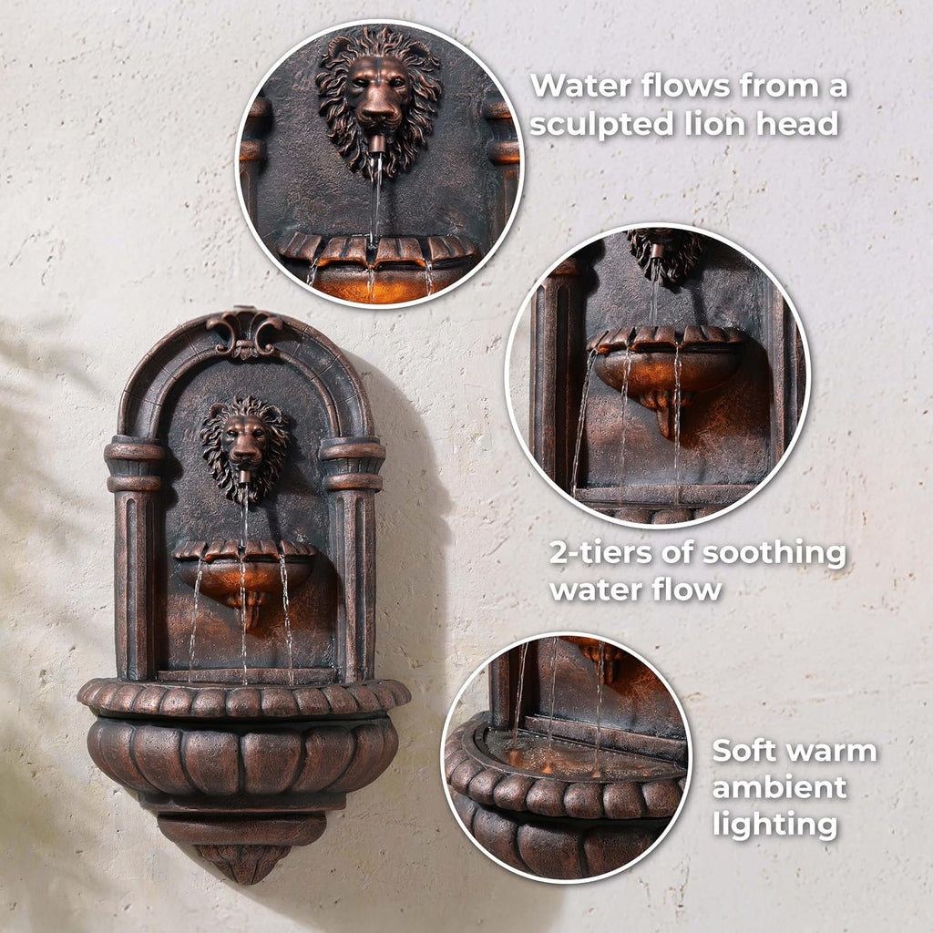 32.1 in. Wall-Mounted Lion Head Stone LED Outdoor Water Fountain for Gardens, Landscaping, Patios, Balconies