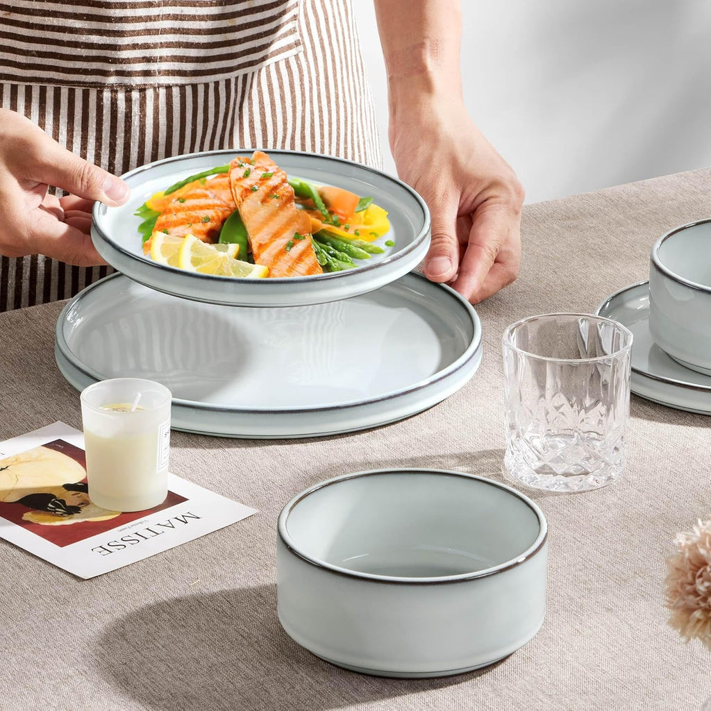 12 Pieces Stoneware Dinnerware Set for 4, Ceramic Dinner Dishware SetsPlates and Bowls with Rustic Terracotta Bottom