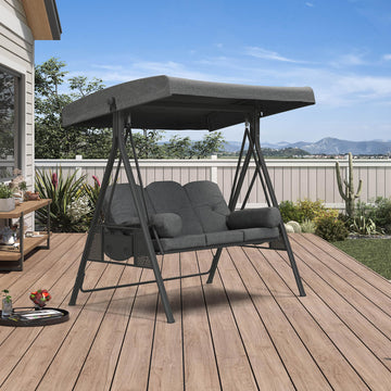 Patio Swing 3-Seat with Stand and Adjustable Canopy, Dark Gray