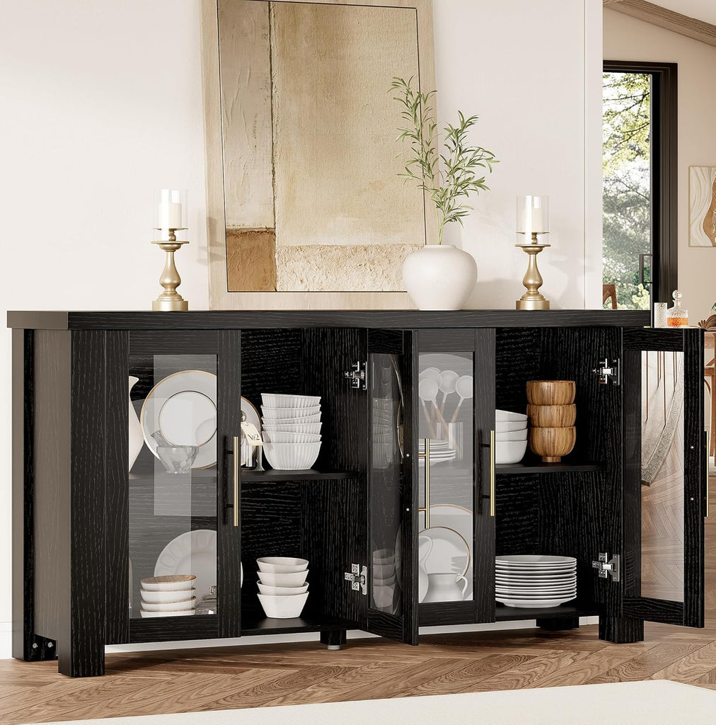 Buffet Cabinet with Storage, 59" Sideboard Credenza with Tempered Glass Doors, Wood Buffet Table for Living Room