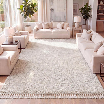 Mercer Shag Plush Tassel Cream Indoor Area Rug, Contemporary, Modern, Easy-Cleaning, Pet Friendly