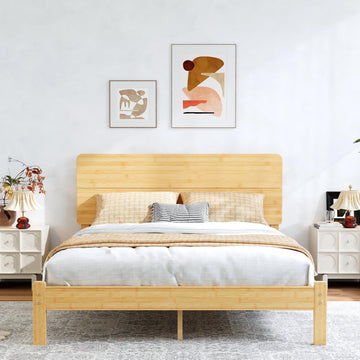 12" Queen Size Bamboo Wood Platform Bed Frame and Headboard, Natural