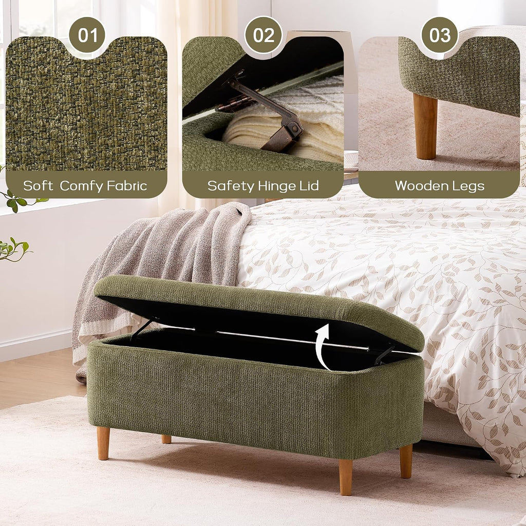 39.4" Ottoman with Storage Upholstered Storage Bench | Modern Fabric End of Bed Bench Footstool with Wooden Legs