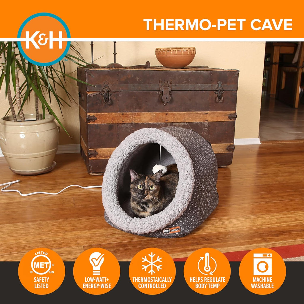 Heated Cat Bed - Thermo-Pet Cave for Large Cats, Indoor Heated Pet Bed for Dogs & Cats, Covered Cave Pet Tent