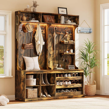 70" Large Hall Tree with Bench and Adjustable Storage Shelves, 6-in-1 Farmhouse Entryway Bench w/Coat Rack, Top