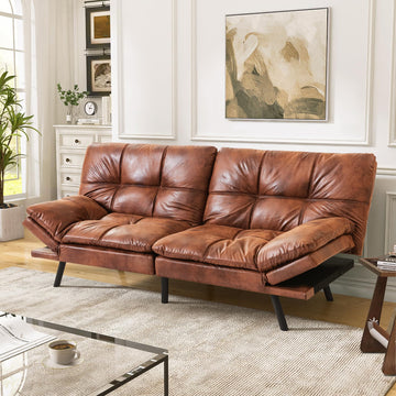 Saddle Brown Faux Leather Futon Sofa Bed, Convertible Futon Couch