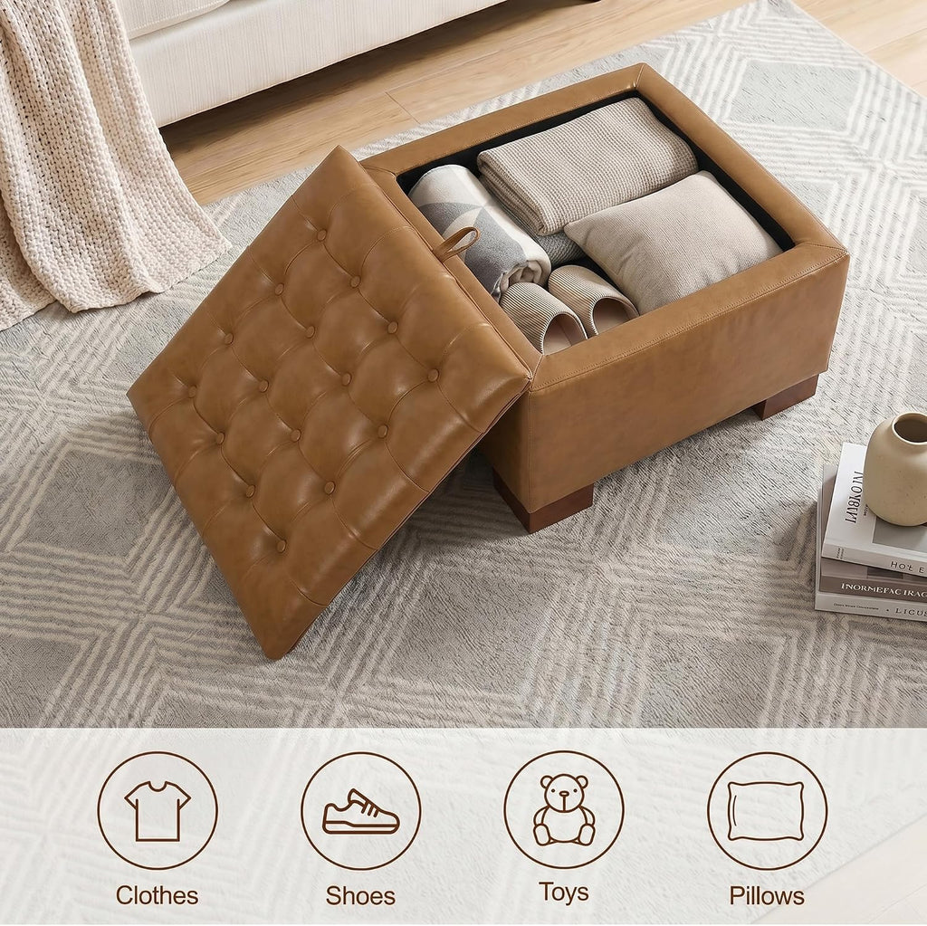 24 Inch Square Storage Ottoman Coffee Table, Modern Tufted Upholstered Ottoman with Flip Tray and Solid Wood Legs