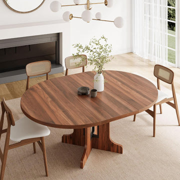 59" Round Extendable Dining Room Table for 4-6, Modern Oval Kitchen Table with Heavy Duty Wood Base, Metal Frame
