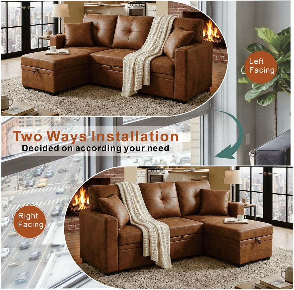 71" L Shaped Sofa with Pull Out Sofa Bed, Sectional Sleeper Sofa with Reversible Chaise, 3 Seater Modular Sectional