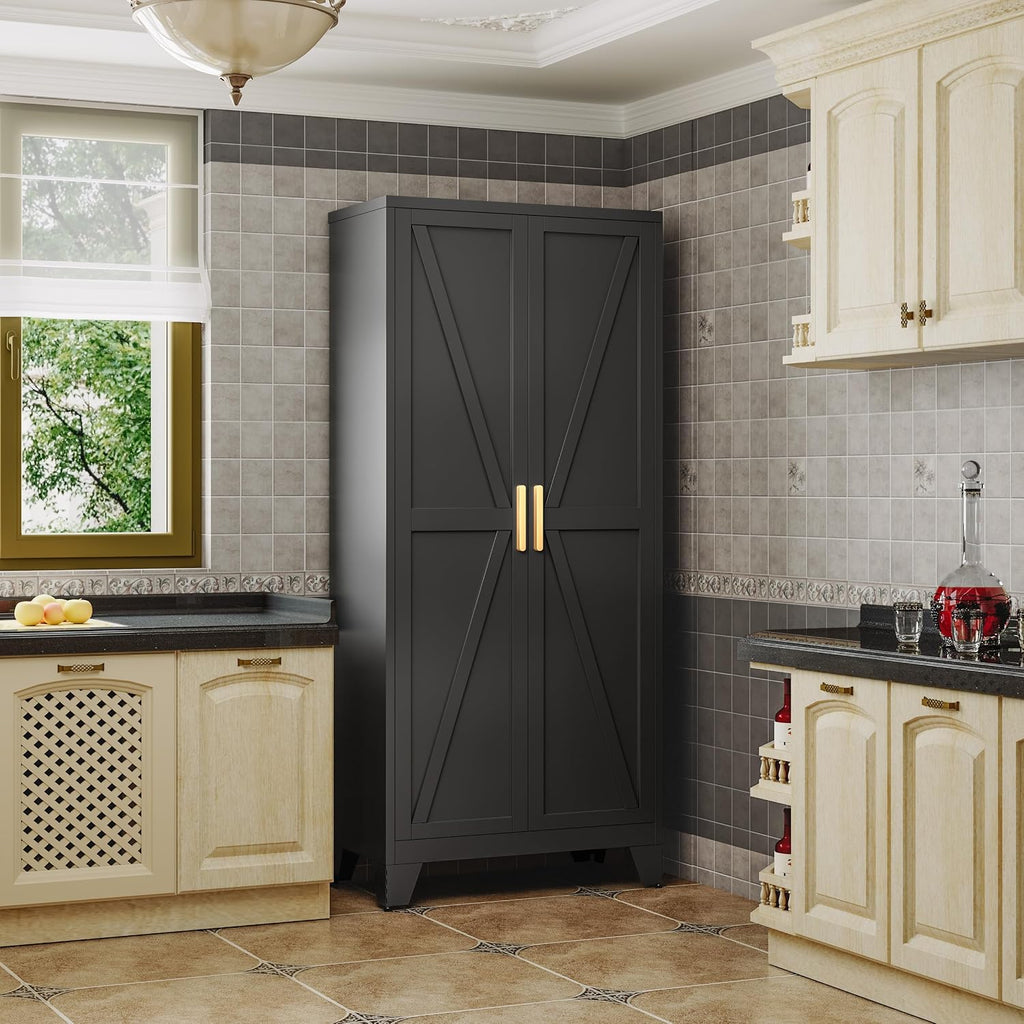 71" Metal Storage Cabinet with Doors and Shelves, Tall Pantry Cabinet in Black with 2 Doors & 4 Adjustable Shelves