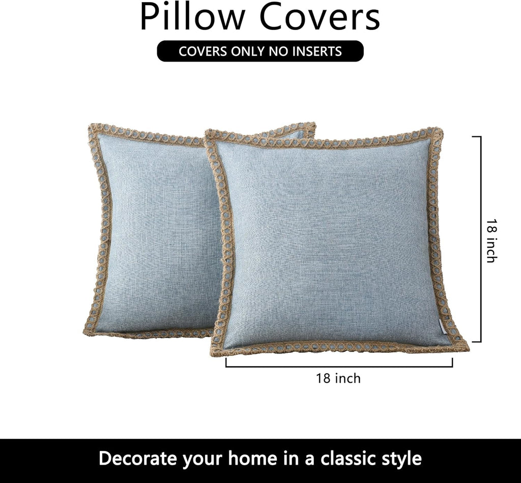 Set of 2 Farmhouse Throw Pillow Covers - Burlap Linen Trimmed Tailored Edges Decorative Cushion Covers, 18 x 18, Blue