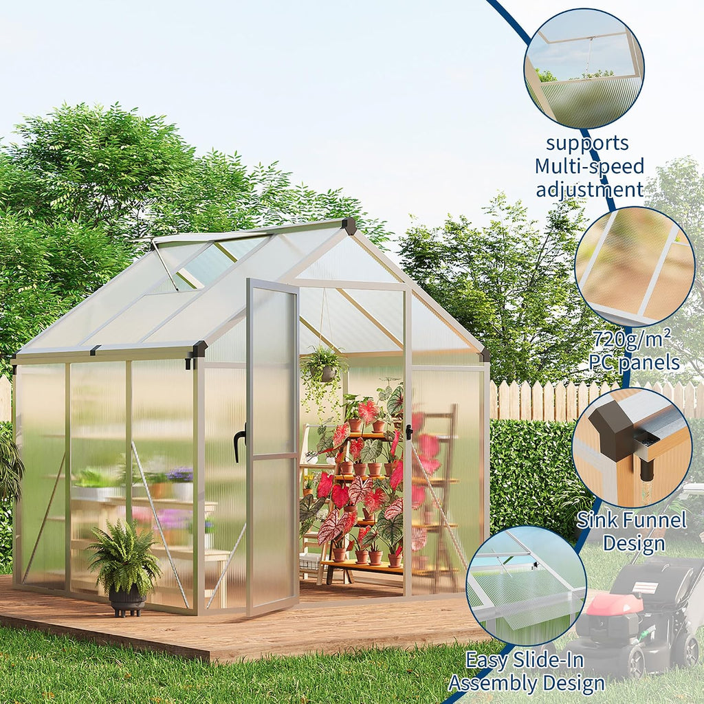6x6 ft Walk-in Greenhouse, Polycarbonate Panels with Reinforced Aluminum Frame, Large Garden Green House for Planting