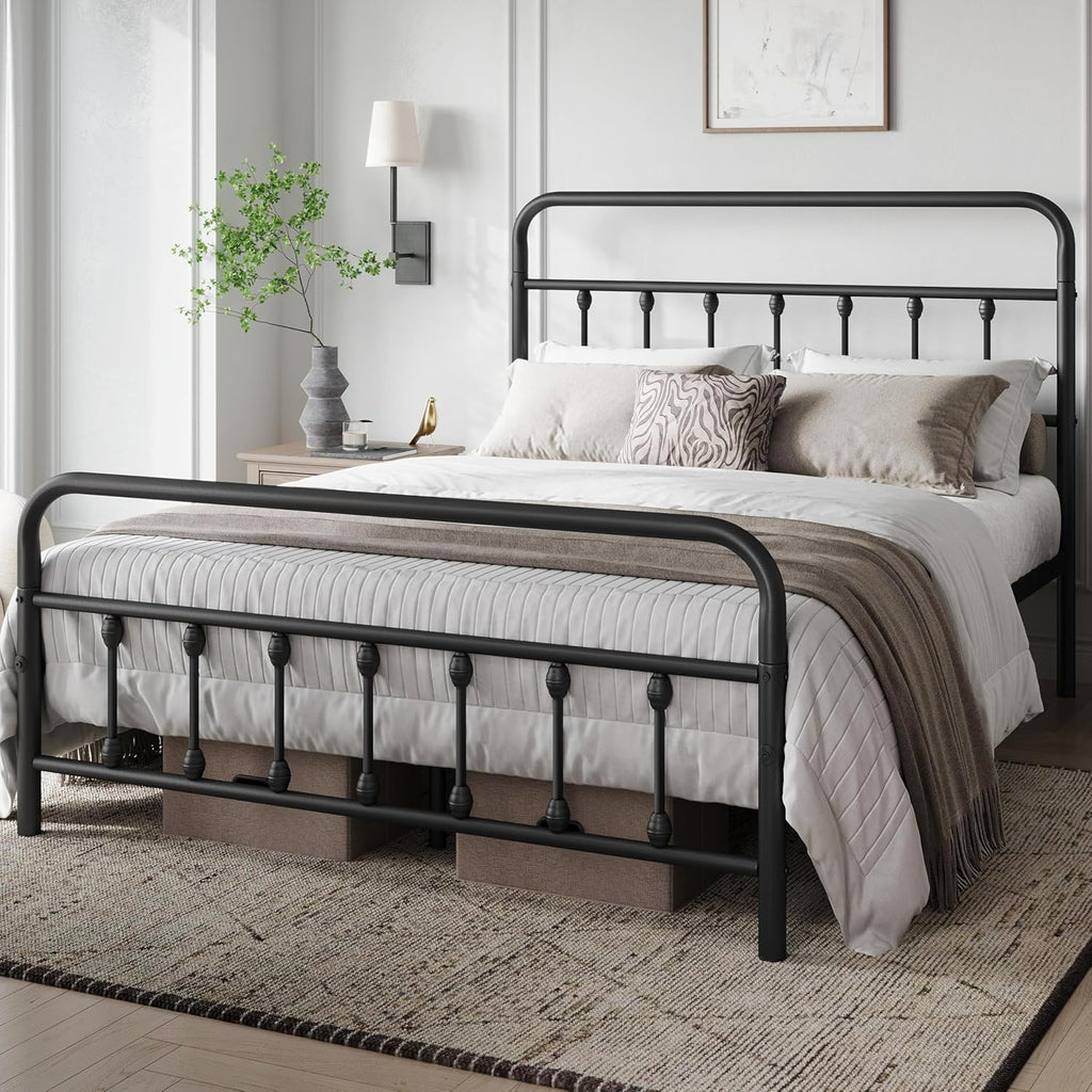 Classic Metal Platform Bed Frame Mattress Foundation with Victorian Style Iron-Art Headboard/Footboard/Under Bed