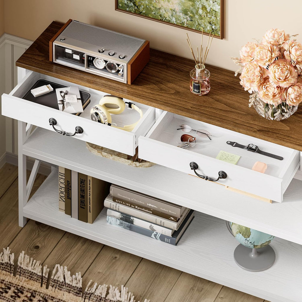 47.2" Farmhouse Console Table, Sofa Table with Drawer, Narrow Long Entry Table with 2 Shelf , White/Walnut