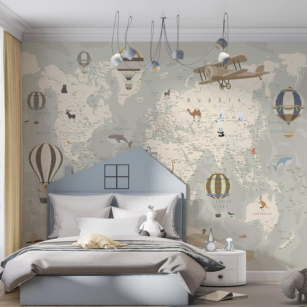Kids World Map Wallpaper with Animals-Peel and Stick Educational Decals-Nursery Murals for Baby, Toddlers, Boys, Kids