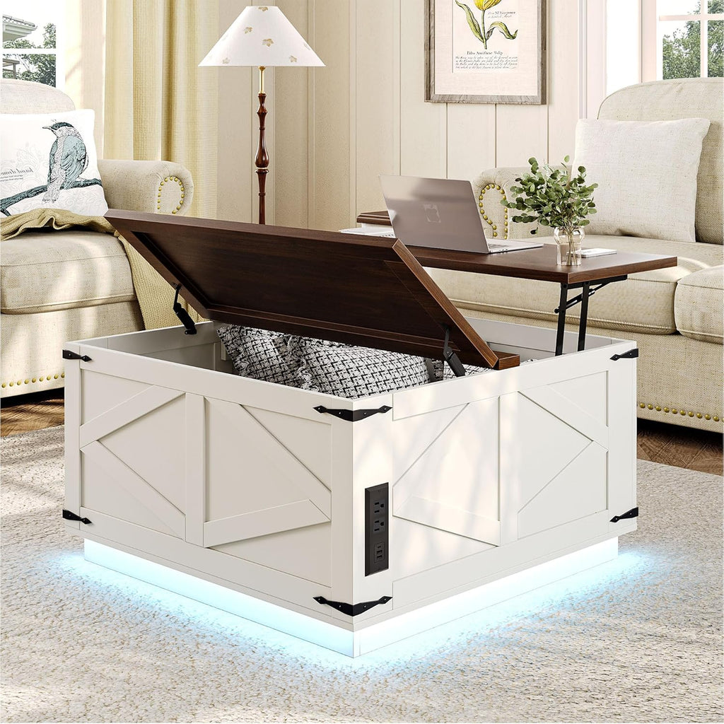 Farmhouse Lift Top Coffee Table, Square Wood Center Table with LED Lighting, USB-C Charging Station
