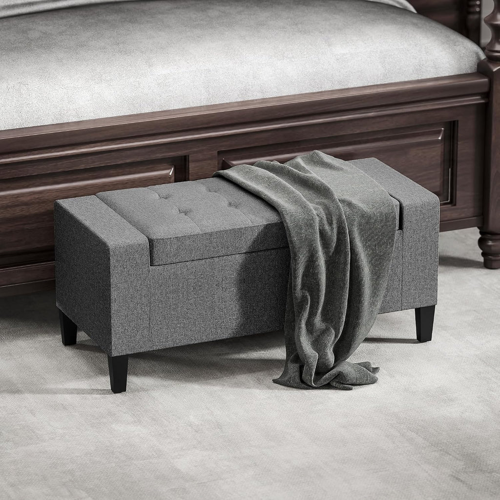Storage Ottoman, Linen Upholstered Storage Bench with Lift Top and Button Tufted , Gray