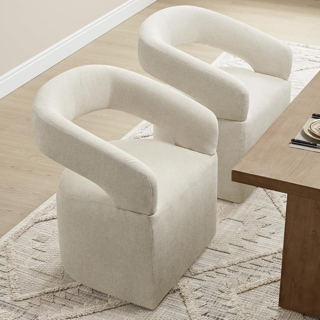 Upholstered Dining Chairs Set of 4, Modern Rolling Dining Chairs with Hidden Casters, Arm Kitchen Chairs with Linen