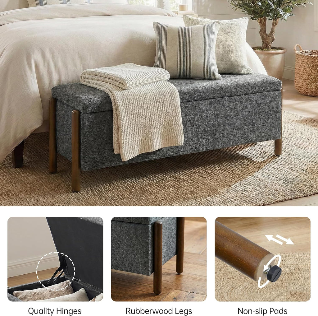 Wooden Storage Ottoman Bench, 47" Fabric Upholstered End of Storage Bench with Rubberwood Legs, Entryway Bench with