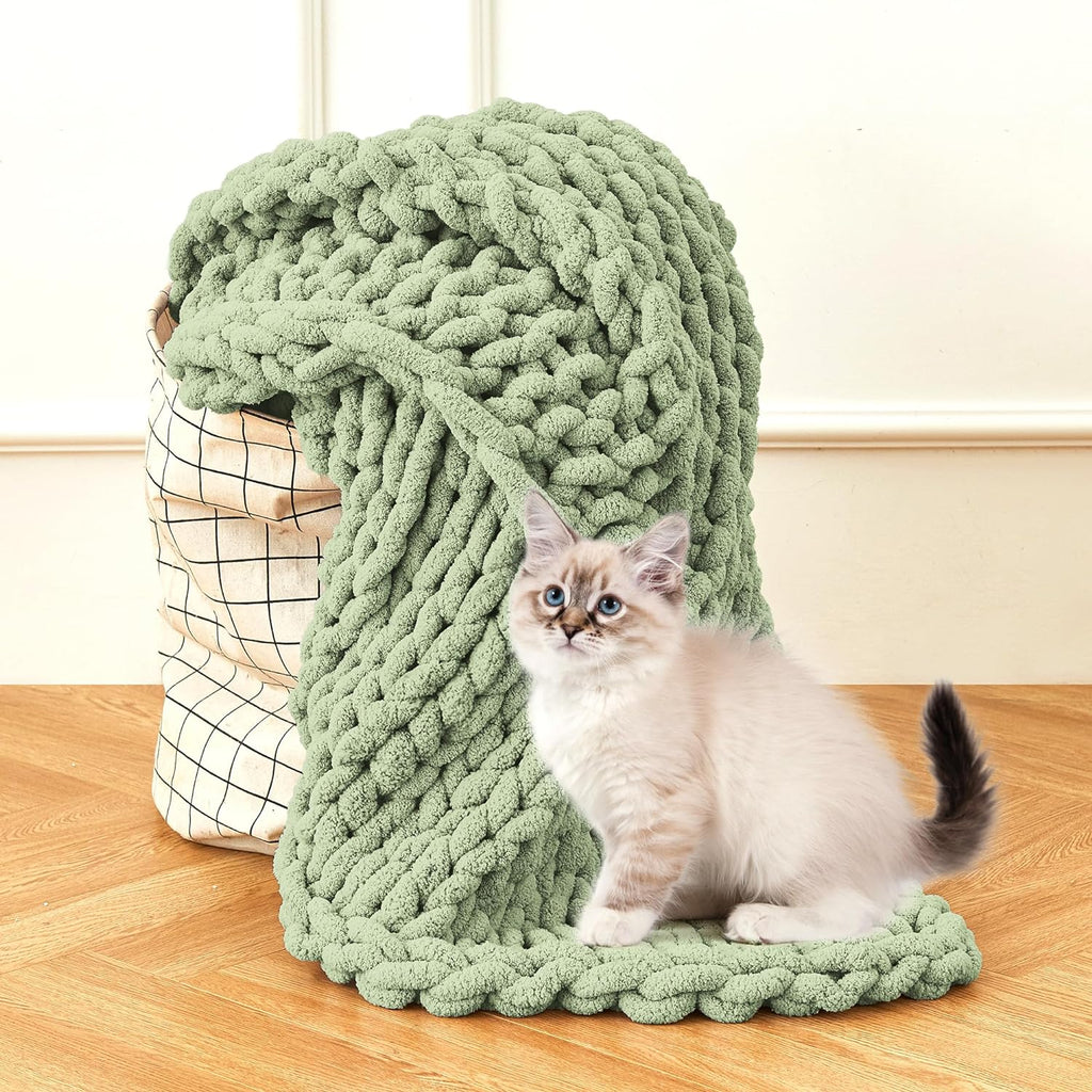 Chunky Knit Blanket Throw, 100% Hand Knit Chenille Throw Blanket, Soft and Cozy Knitted Throw Blankets (Sage