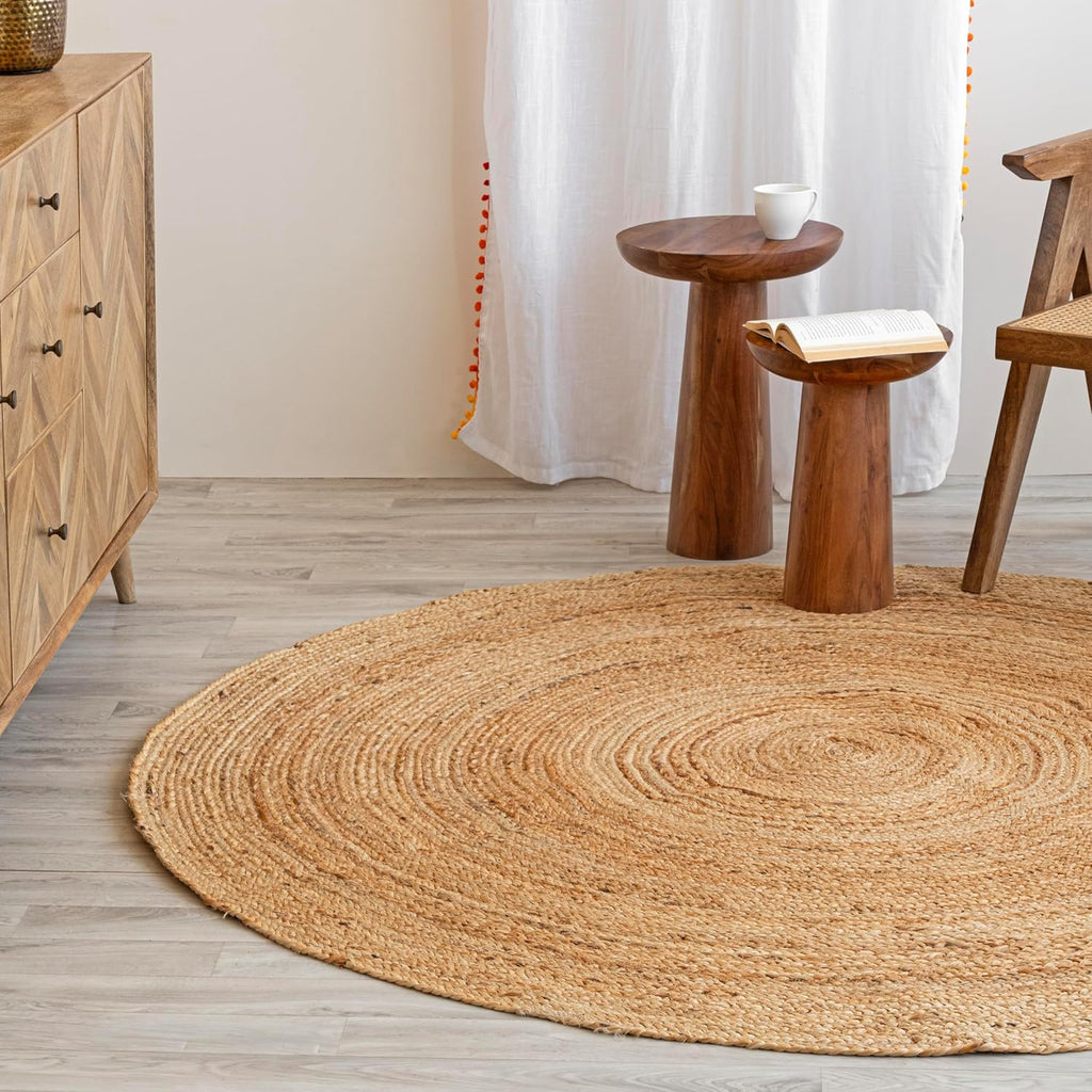 8ft Round Natural Jute Rug - Handwoven Braided Reversible Vintage Area Rug Farmhouse Rustic and Bohe