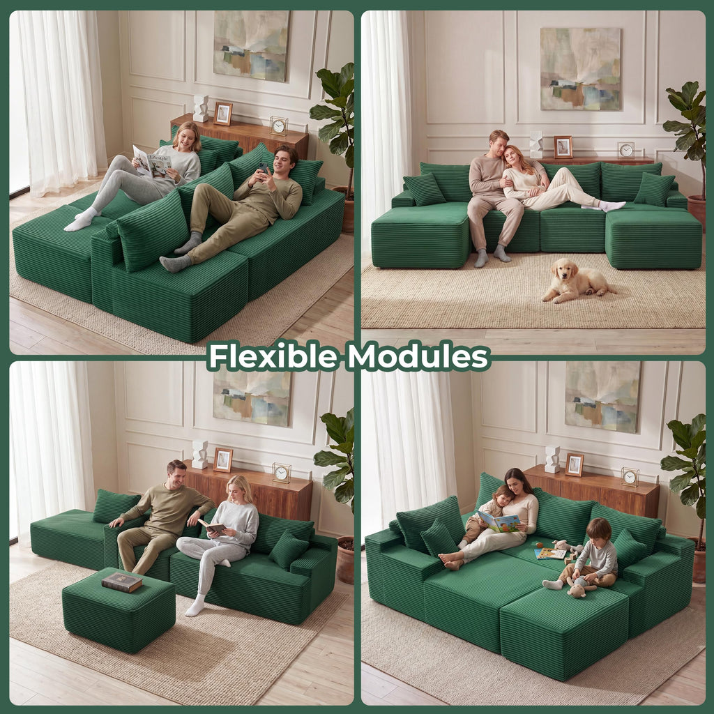 118'' Boneless Couch, U Shaped Couches, Green