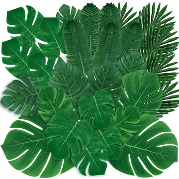 34 Pieces 6 Kinds Artificial Tropical Palm Leaves Tropical Leaves Monstera Leaves Safari Jungle Leaf with Stems for