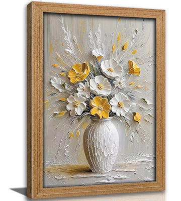 Framed Yellow White Flower Wall Art, 3D Textured Abstract Floral Canvas Print Poster, Neutral Vase Wall Decor Bedroom