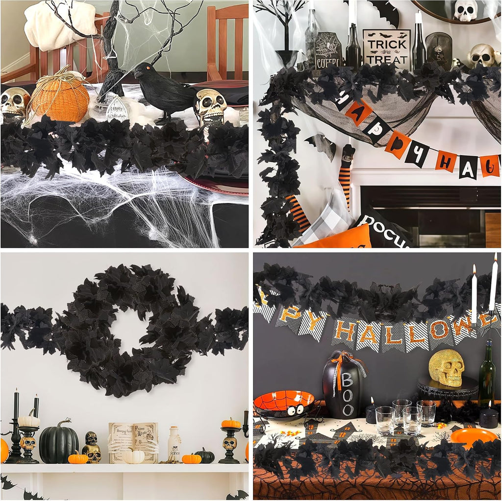 FT Black Garland Halloween Artificial Black Maple Leaf Garlands Fall Leaves Vines for Autumn Thankgiving - Set of 2