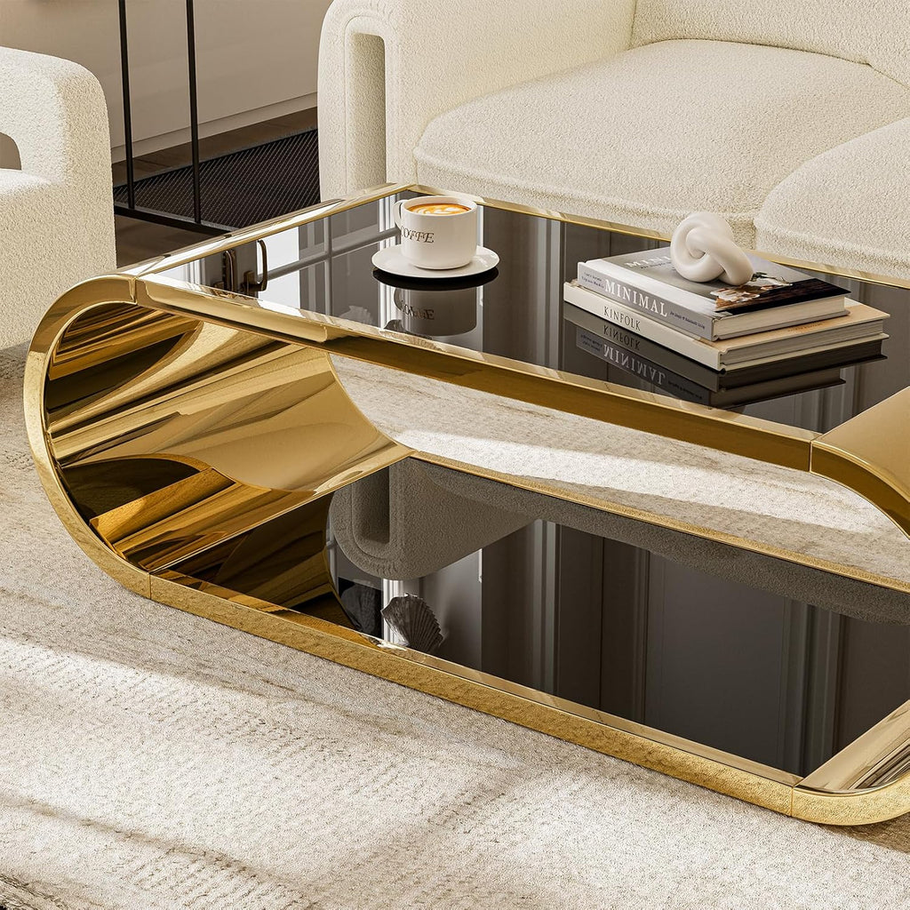Gold Stainless with Glass Coffee Table, Modern Coffee Table, 2-Tier Glass Top with Large Space Fashion Design