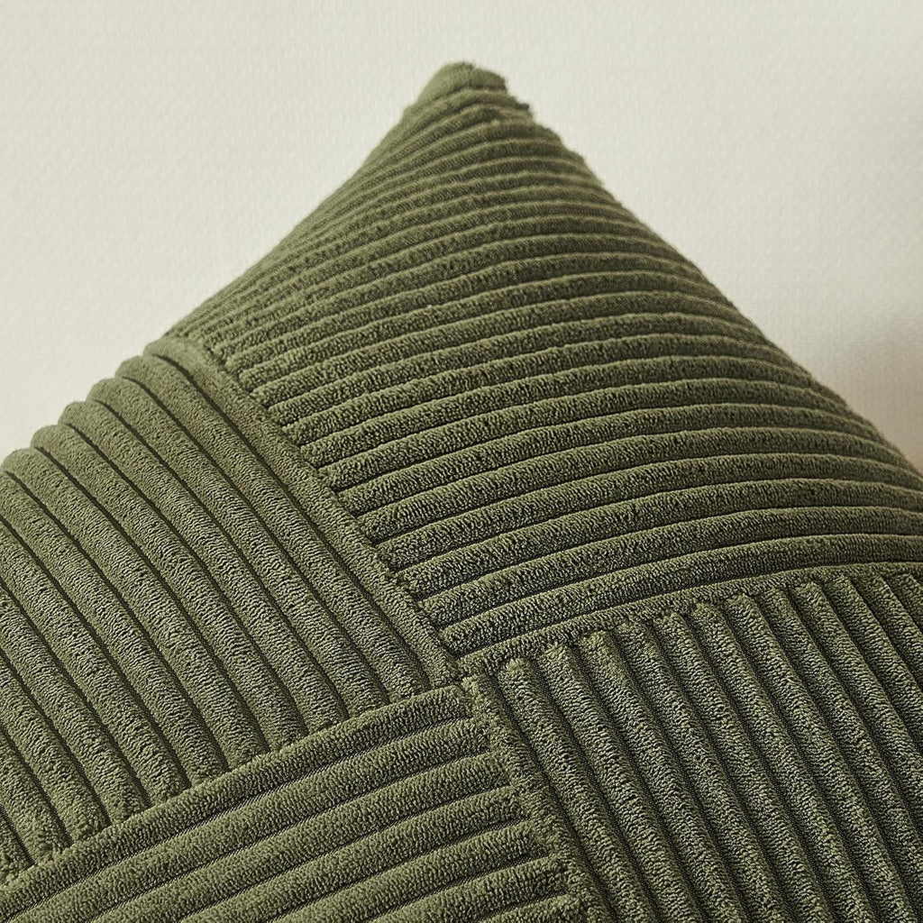 Olive Green Decorative Throw Pillow Covers Set of 2 18x18 Inches, Boho Aesthetic Home Decor, Soft Corduroy Striped