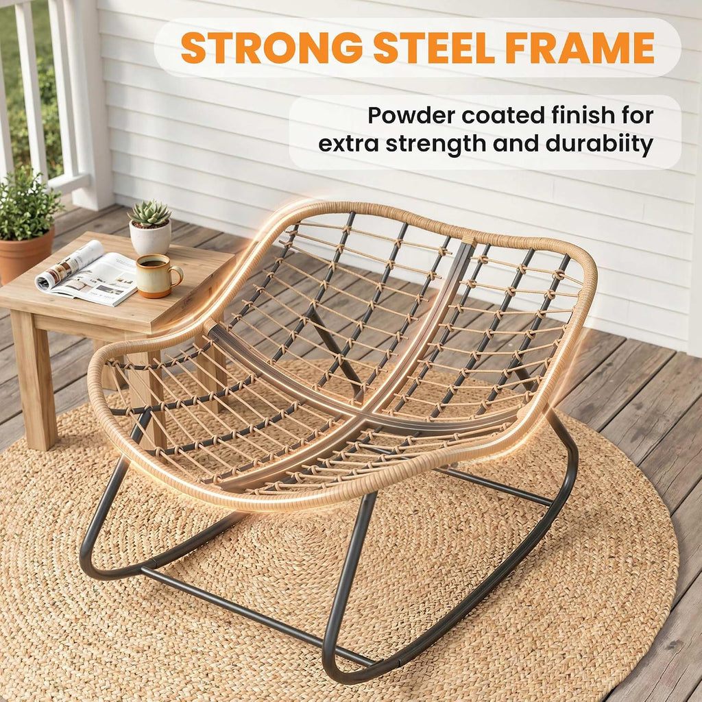 Papasan Rocking Chair Oversized Indoor Outdoor Cushion Beige | Wicker, PE Rattan, Outdoor Rocker Egg Chairs, Living